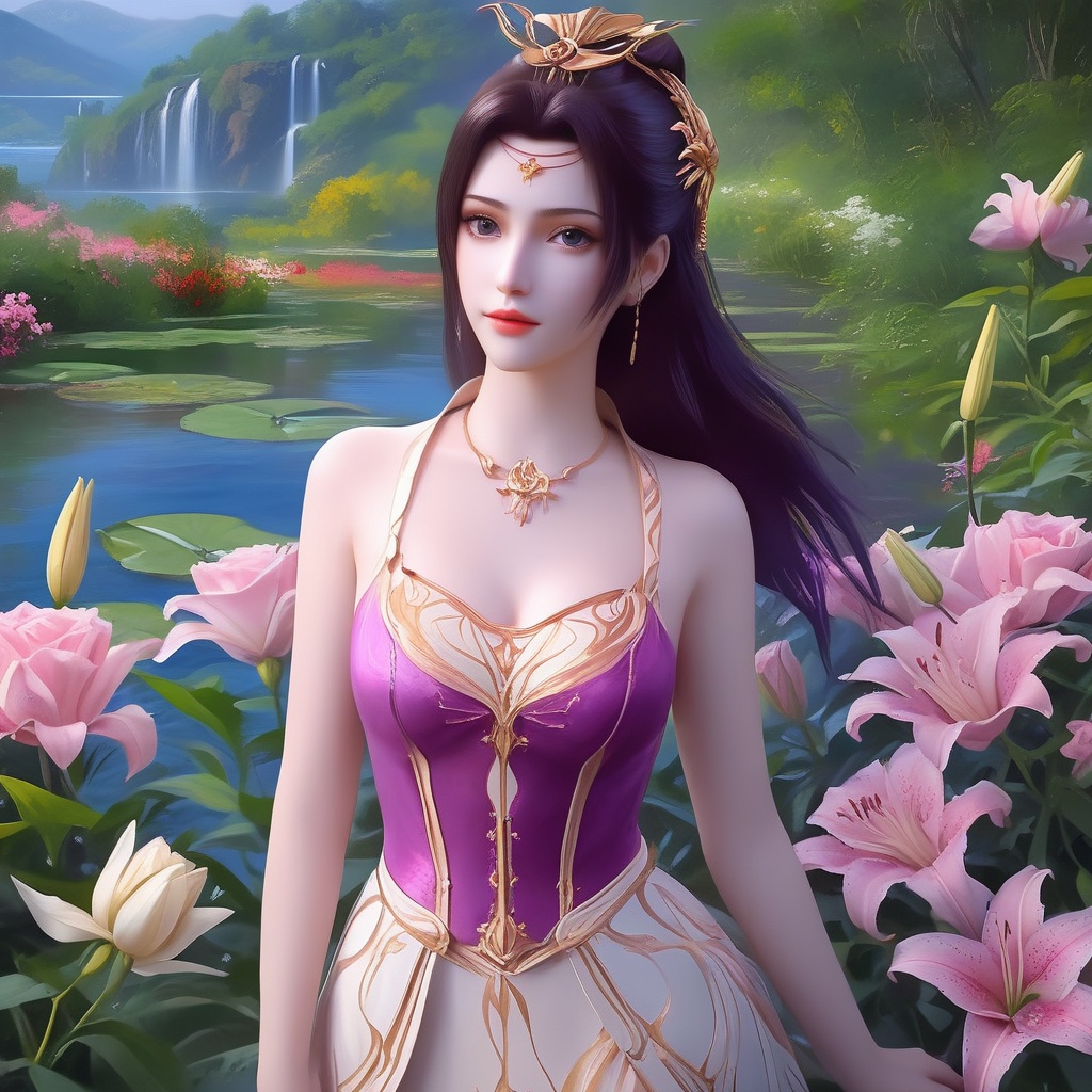 <lora:842-DA-XL-斗破苍穹-云韵-婚服:0.8>, (,1girl, ,best quality, ),,  ,ultra detailed 8k cg,ultra realistic 8k cg,1girl, solo,(bare shoulders:0.85),(masterpiece, best quality),((oil painting style)),sexy young lady,(beautiful face and eyes),(upper body:1.5),(whole body:1.05),(single person:1.2),surrounded by flowers, (lily), roses, floret, vegetation, white, purple, purplish pink,Impressionism,colorful,(Breast size:1.3),(cleavage),,