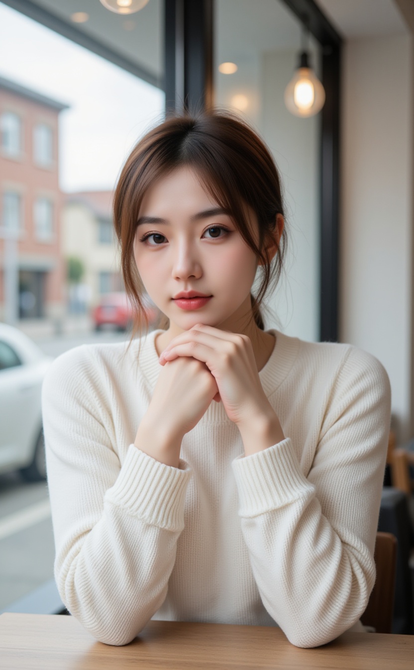 A young woman with fair skin and long brown hair tied back in a loose ponytail,  wearing a white,  long-sleeved sweater. S...