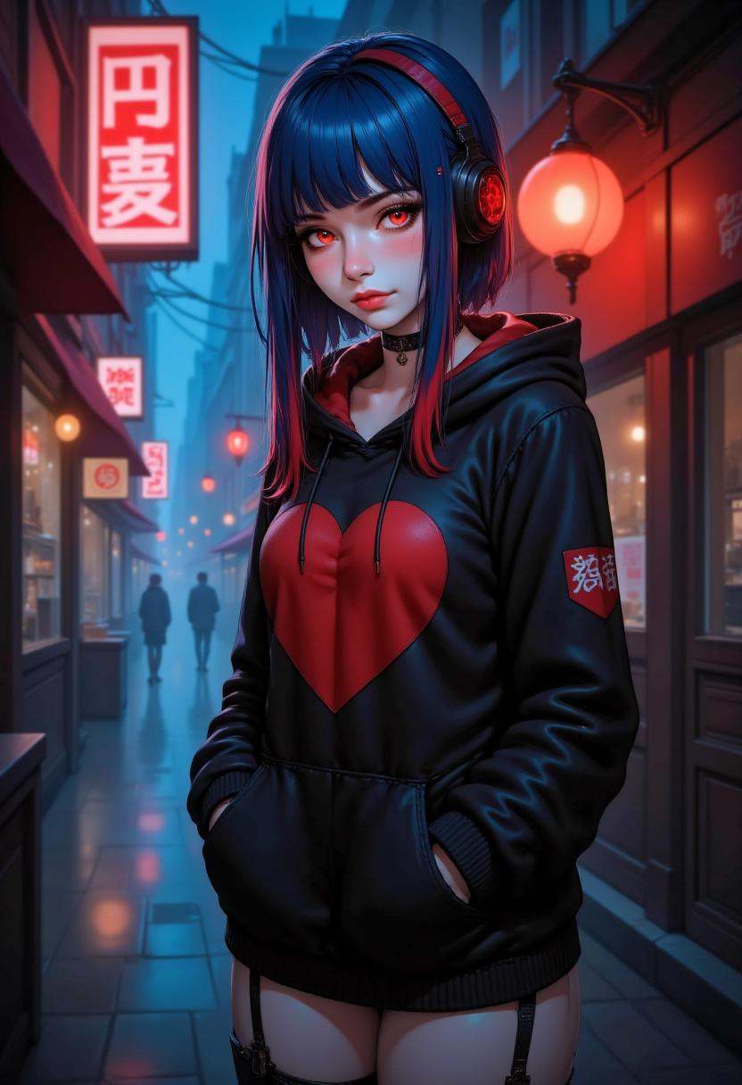 This is a highly detailed digital illustration depicting a young woman standing in a dimly lit,  neon-lit alleyway at nigh...