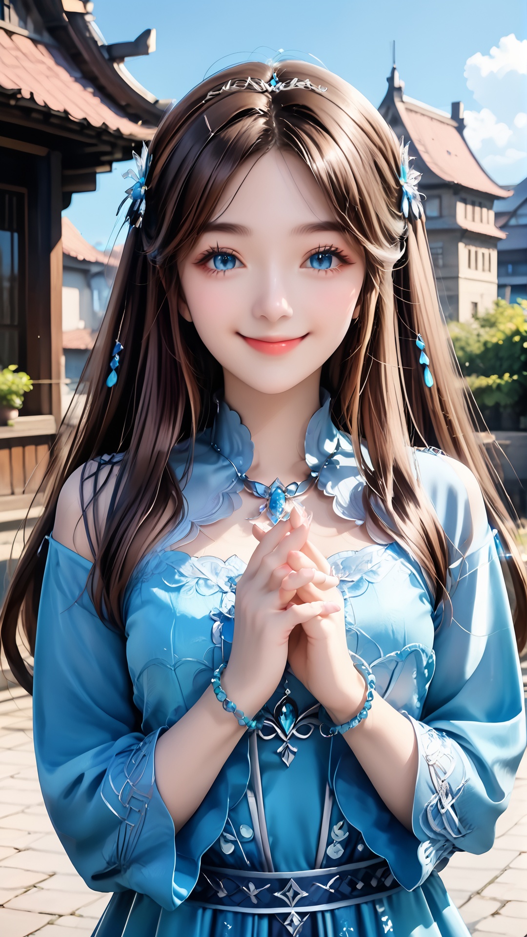 1girl, hair ornament, blue eyes, brown hair, dress, long hair, solo, smile, upper body, looking at viewer, own hands together, blue dress, bracelet, closed mouth, jewelry, sky, building, blue sky,<lora:pony宁荣荣-000008:0.8>,