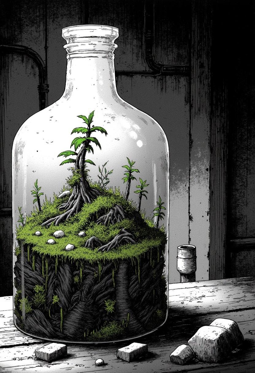 Nistyle,  monochrome Manga Sketch,  A close-up of a large glass bottle with a thousand-year-old garden inside on Tensor.Art