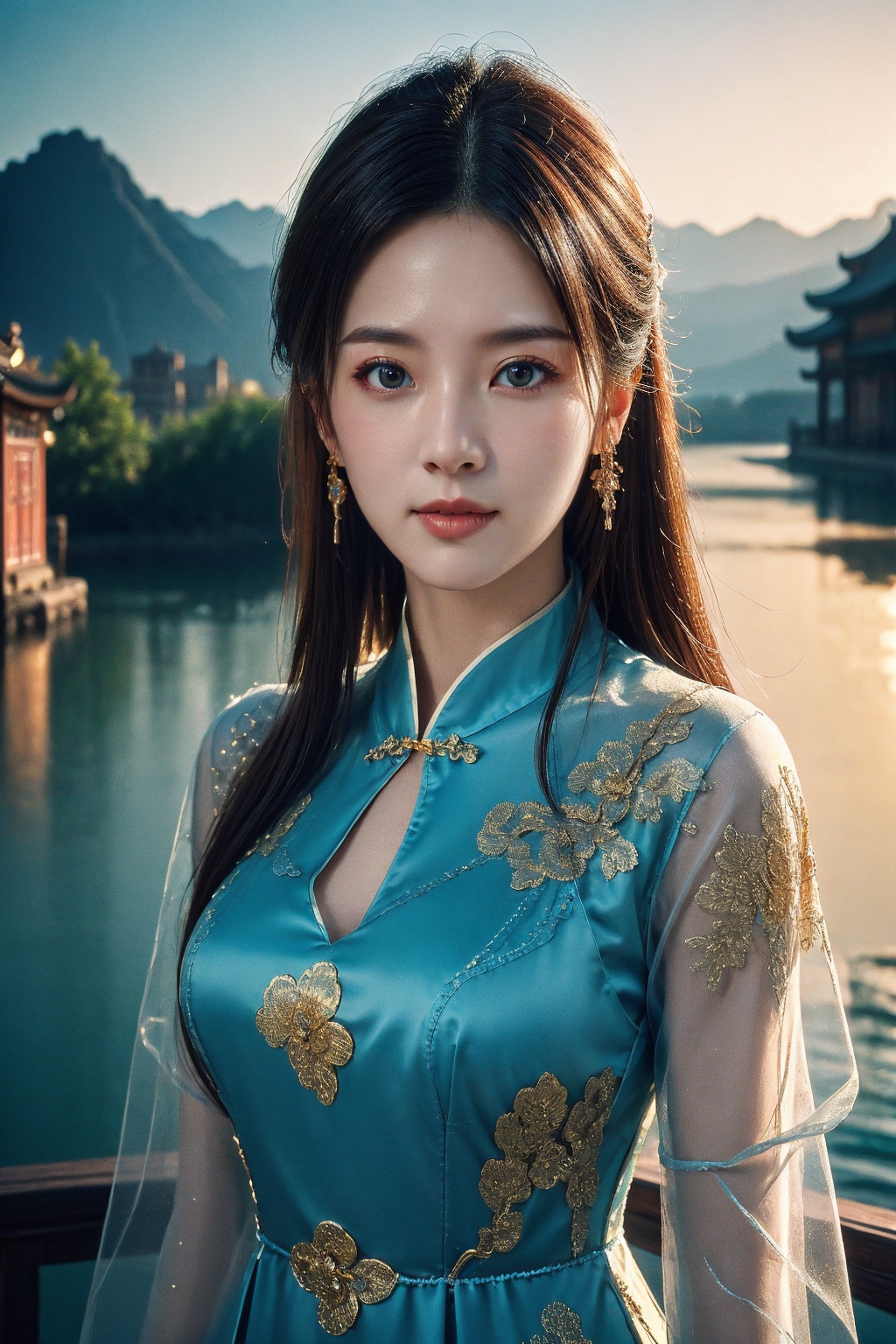 (8k, RAW photo:1.2), (realistic, photo-realistic:1.4), (extremely detailed), (detailed face:1.4), girl,brown eyes,upper body,long hair,reality,looking at viewer,see-through light blue china dress,chinese style,suburbs, mountain stream,
