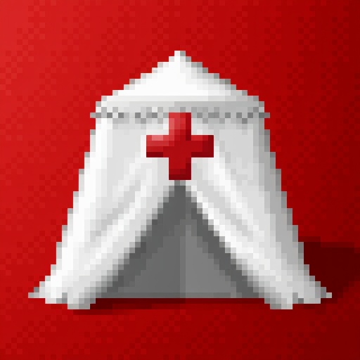 A HoMM2 style First Aid tent artifact,  gradient red background. A white medieval first aid tent with red cross and serrat...