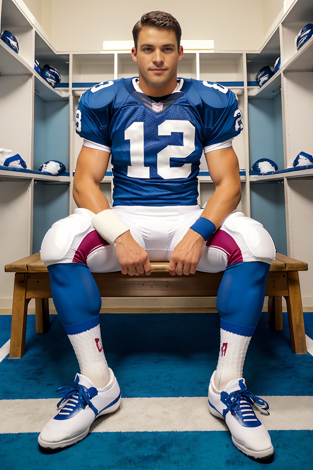 in an American football locker room,  (sitting on a bench),  legs spread open on Tensor.Art