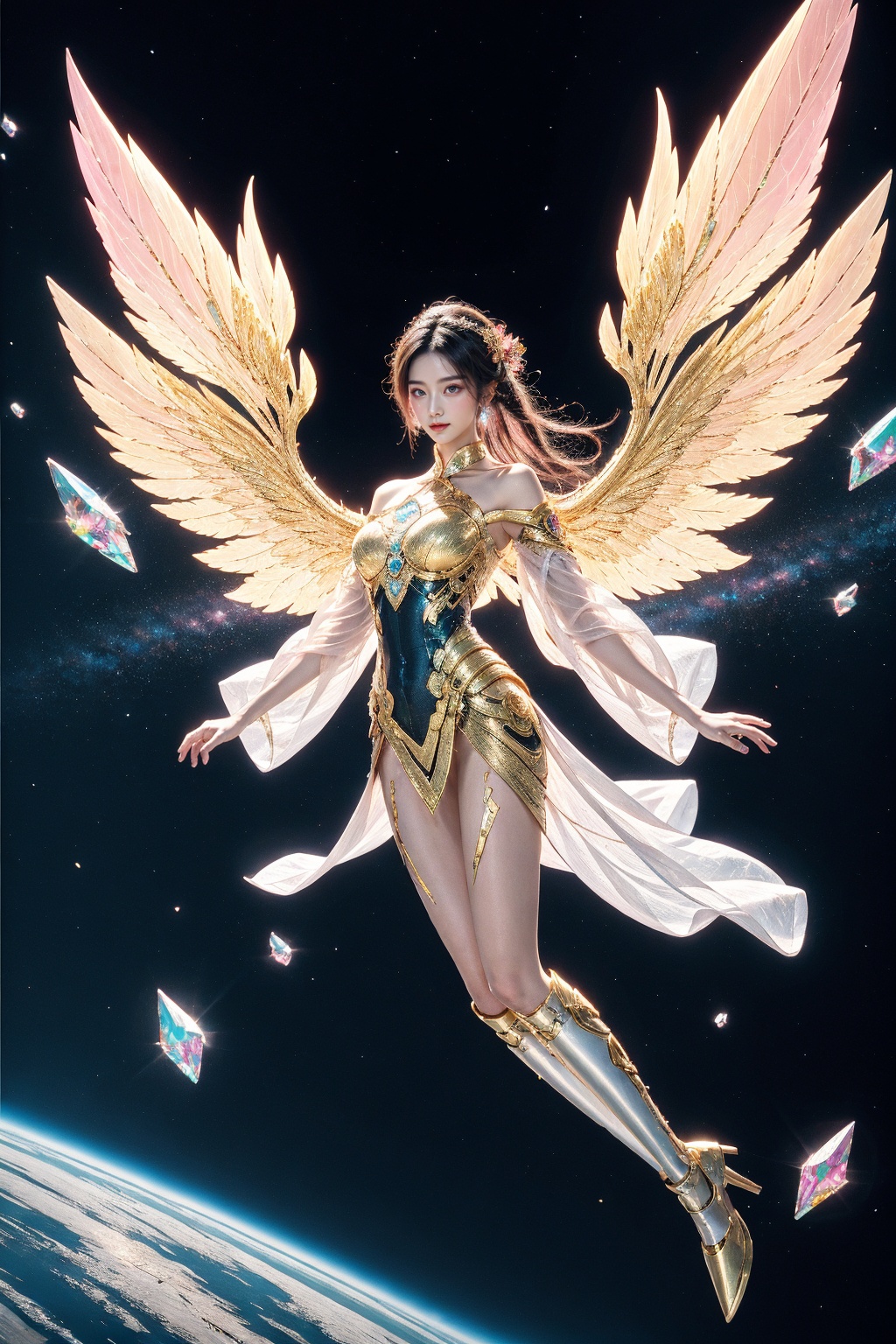 1girl, see-through pink chinese clothes, off-shoulder dress, cyborg, gem cyber, solo, and flowing hair, armored, bodysuit, glowing, wings, outdoors, thighs, gem, gradient, mirror fragment, gem fragment, (flying on sky:1.2), space,
