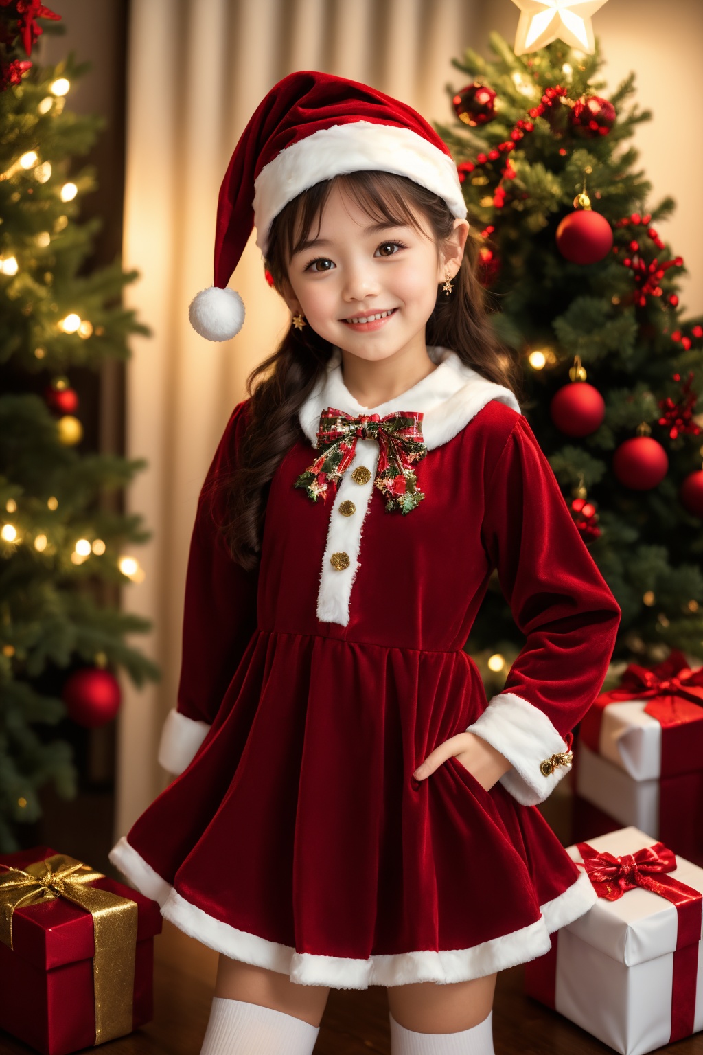 <lora:AgainChristmas_v1:1>, 1girl, christmas tree, solo, christmas, teddy bear, hat, hands on own hips, thighhighs, brown hair, santa hat, christmas ornaments, dress, gift, jewelry, red dress, stuffed animal, stuffed toy, white thighhighs, earrings, long hair, fur-trimmed dress, smile, looking at viewer, santa costume, box, brown eyes, fur trim, long sleeves, gift box, braid, standing, star \(symbol\), curtains, red headwear, head tilt, bow, indoors, fur-trimmed headwear, closed mouth, pom pom \(clothes\), christmas lights, zettai ryouiki, christmas stocking, realistic