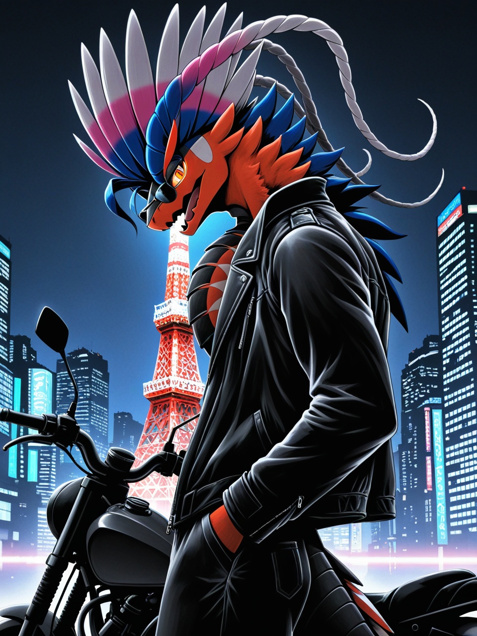solo koraidon,  [:motorcycle:0.07],  leaning on object on Tensor.Art