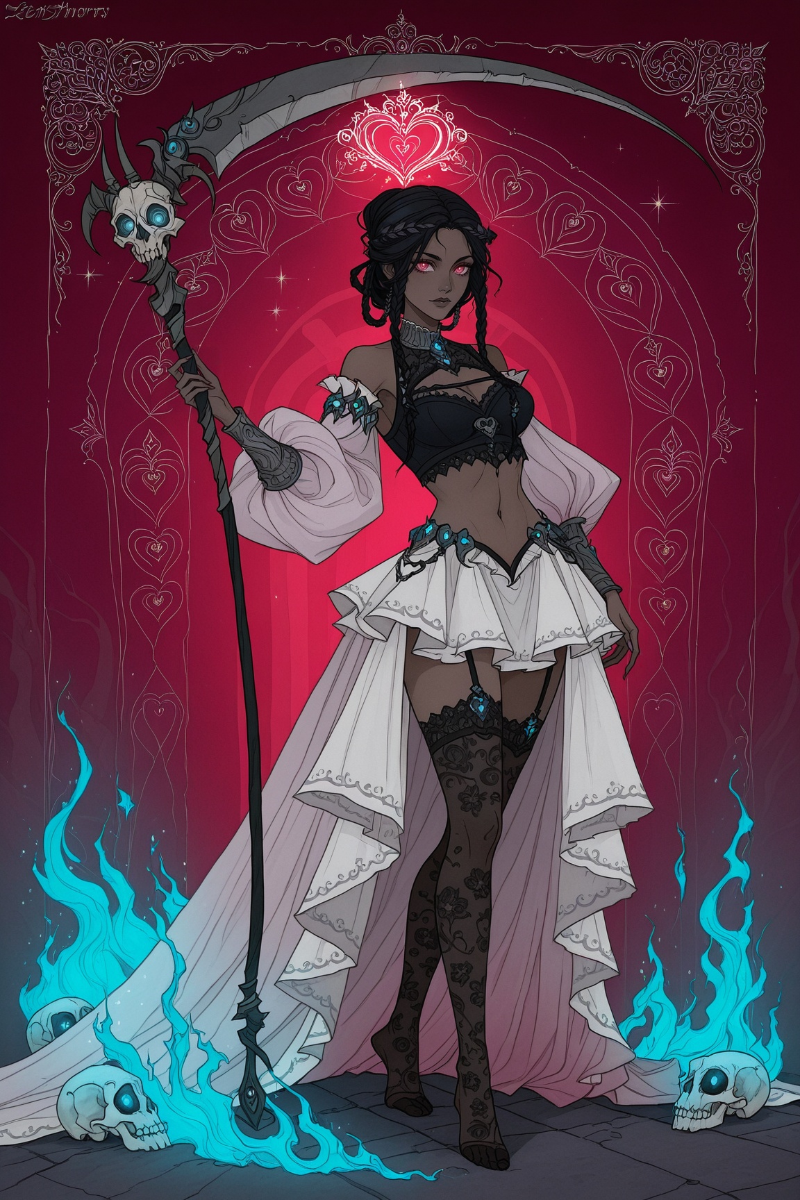 This is a digital anime-style illustration featuring a dark-skinned woman with long,  braided black hair. She has a lean p...