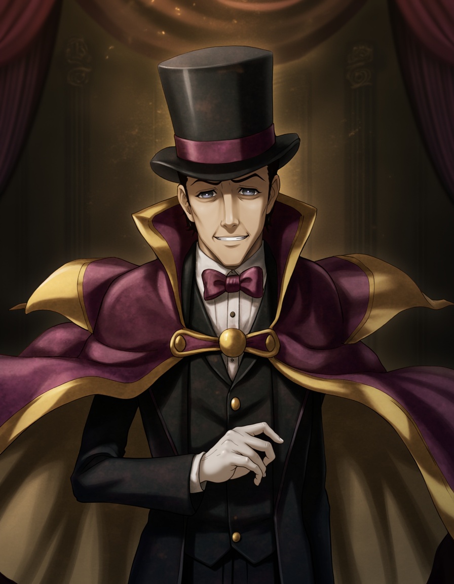 A flamboyant,  Victorian-era magician with a top hat,  a swirling cape on Tensor.Art
