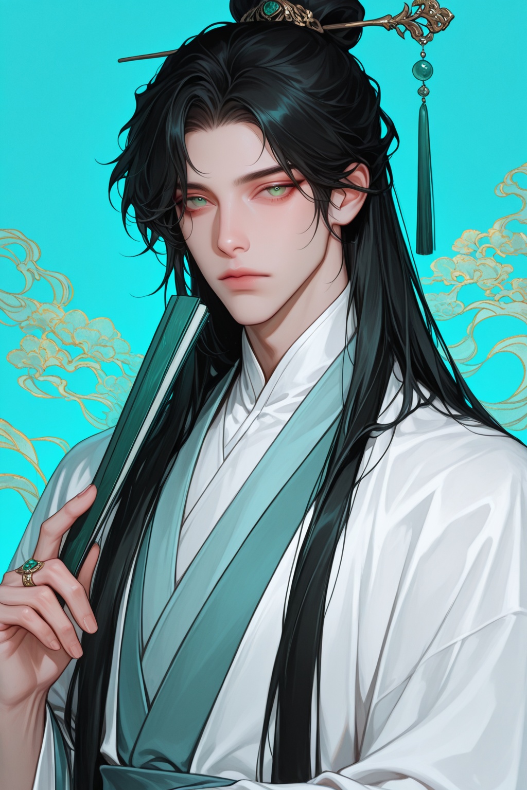 1boy,  hand fan,  long hair on Tensor.Art