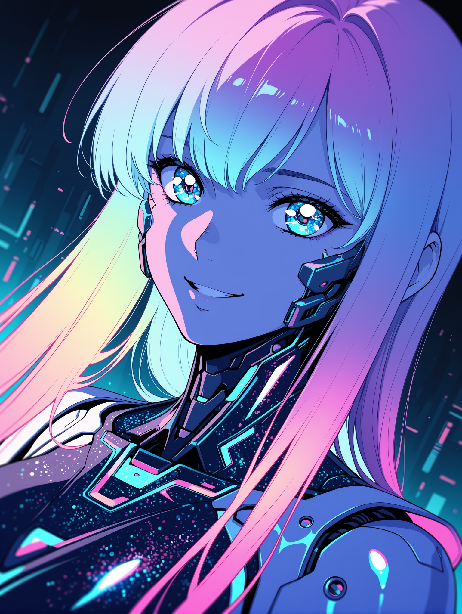 (flat colors,gradient,retro colors:1.2),sketch,abstract,dynamic angle,8K,depth of field,focused subject, 1girl,cyber woman,smiling happily,cyborg cybernetic enhancement,holographic,holofoil glitter,faint,glowing,ethereal,neon hair,glowing hair,long hair,looking at viewer,smooth brushwork,sharp edges,mechanical designs,sharp focus,face closeup,closeup to face,cyberpunk background,,masterpiece,best quality,amazing quality,