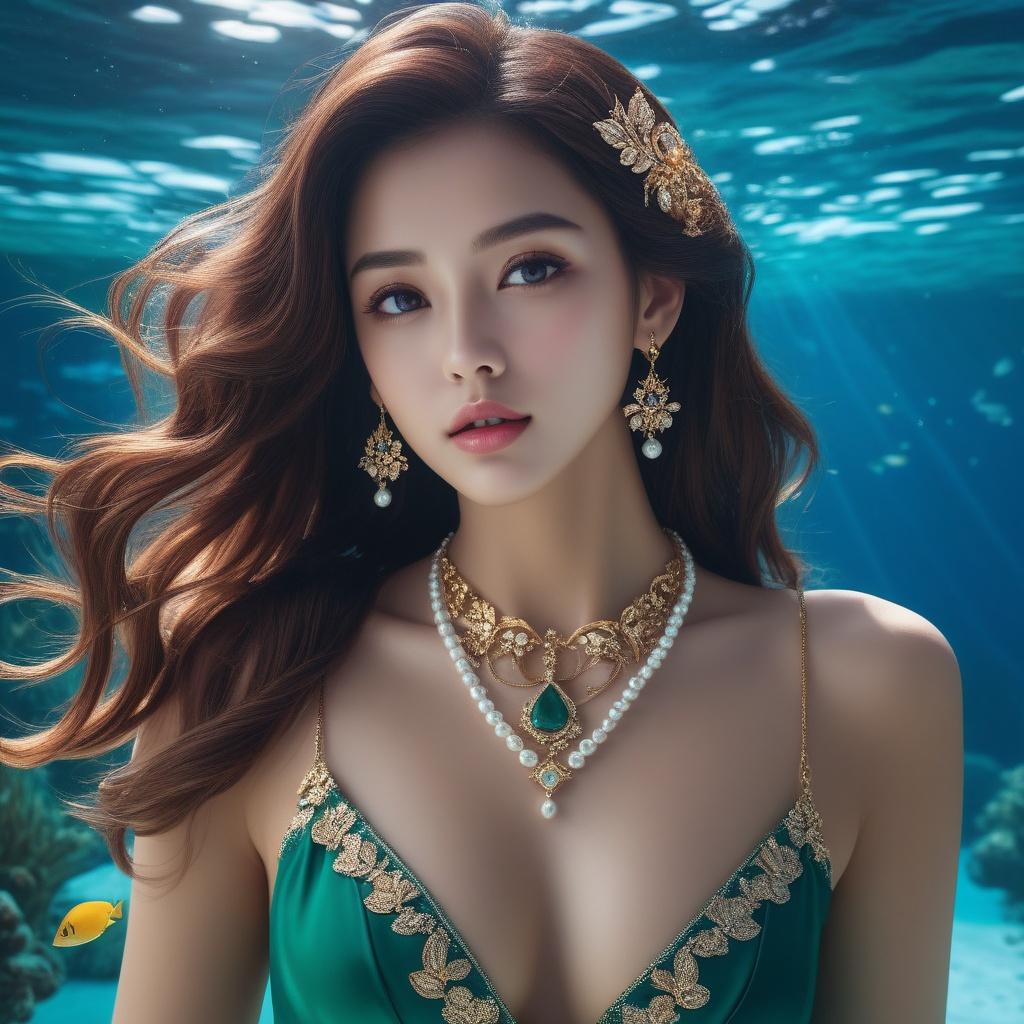 <lora:836-DA-XL-朴正允-绿-B:0.8>, (,1girl, ,best quality, ),,masterpiece, ((((, solo, , ,solo focus, ,underwater, )))) ,ultra realistic 8k cg, clean, masterpiece, cinematic lighting, cinematic bloom, (( , )),, , unreal, science fiction, luxury, jewelry, diamond, gold, pearl, gem, sapphire, ruby, emerald, intricate detail, delicate pattern, charming, alluring, seductive, erotic, enchanting, hair ornament, necklace, earrings, bracelet, armlet,,(cleavage),