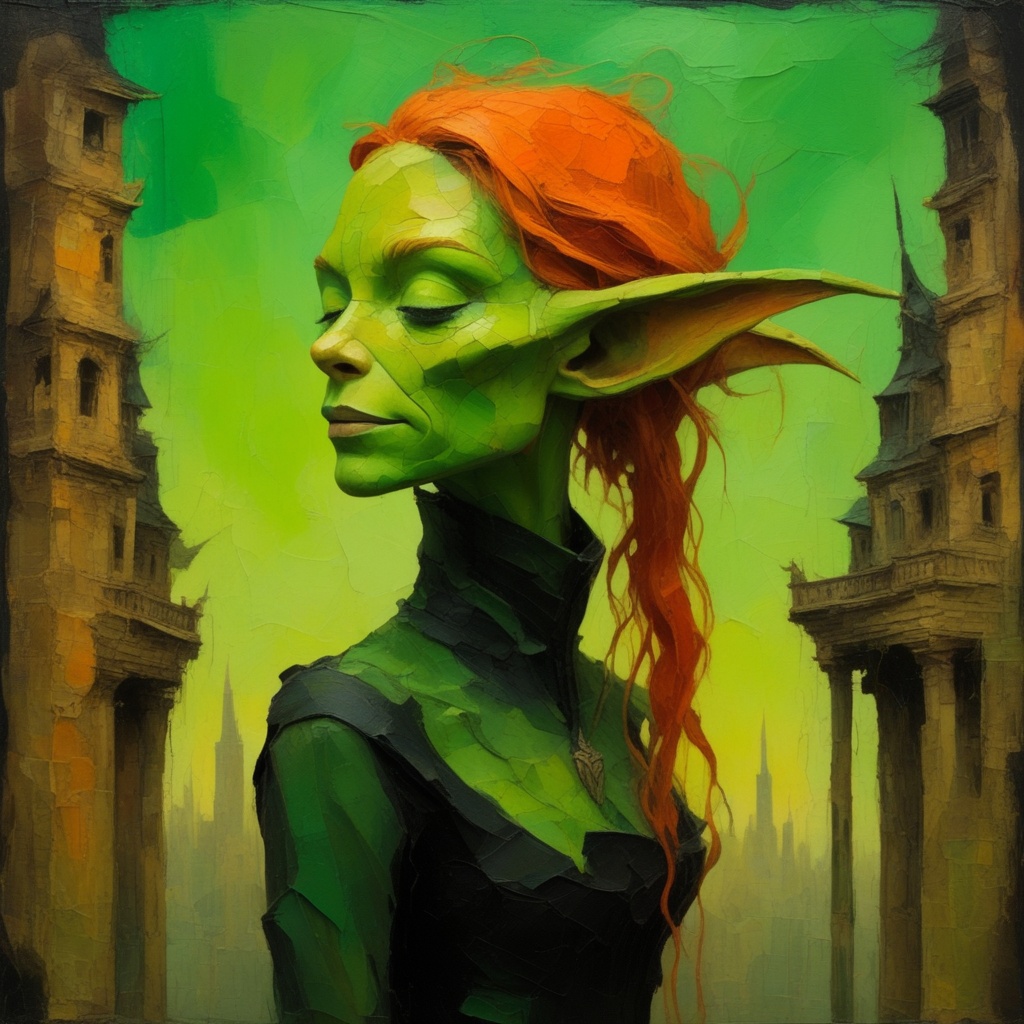 standing in front of a wall. The painting is an oil on canvas painting,  with one of them looking up at the dragon with a...