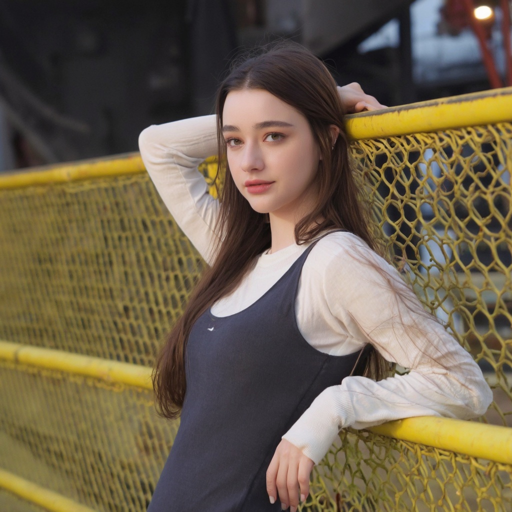 A portrait of dasha_taran captured in a candid moment. She leans against a yellow metal fence,  her long brown hair flowin...