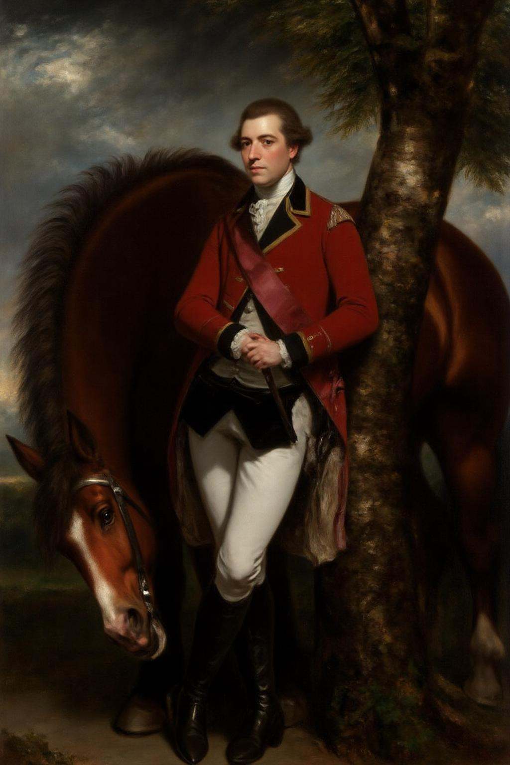 jore1 painting. A gentleman in 18th-century attire standing next to a horse. The man,  standing confidently,  is dressed i...