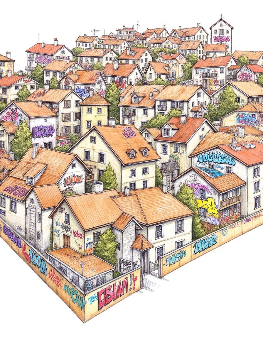 ""An intricate colored pencil sketch of a densely packed village with vibrant graffiti art on the walls of each house. Eac...