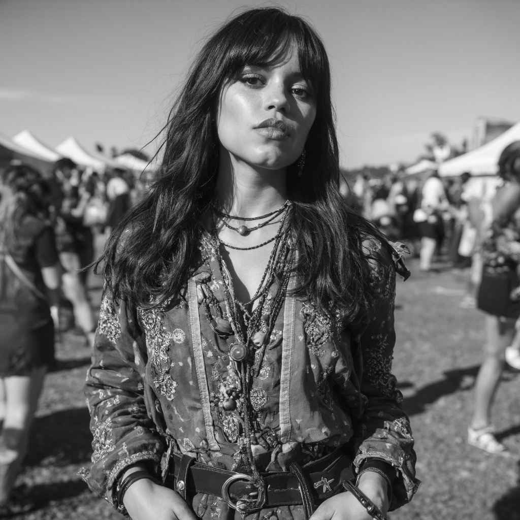 A black and white portrait of jenna_ortega at a festival. She wears a bohemian-style outfit with intricate patterns and la...