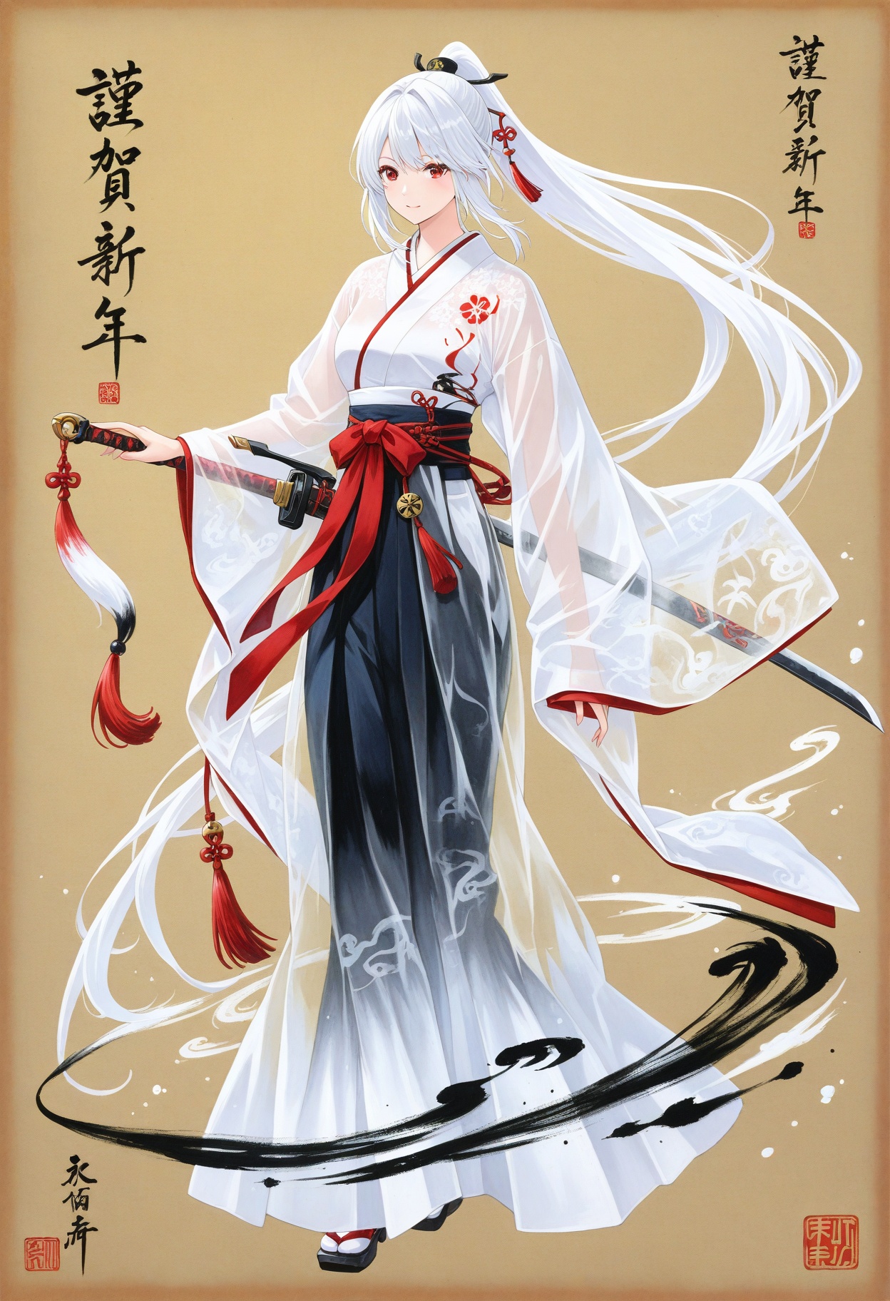 ink wash painting aesthetic,  sumi-e brush strokes,  white hair blending with mist on Tensor.Art