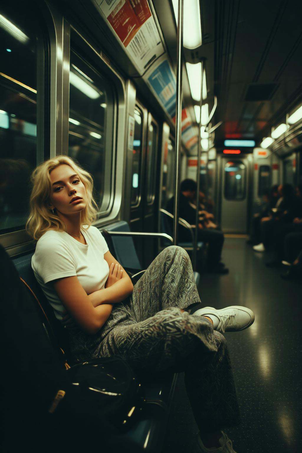 midjourneyanalog9 photograph.On the left is a young blonde woman reclining casually,  cross legged,  in a subway car on Te...