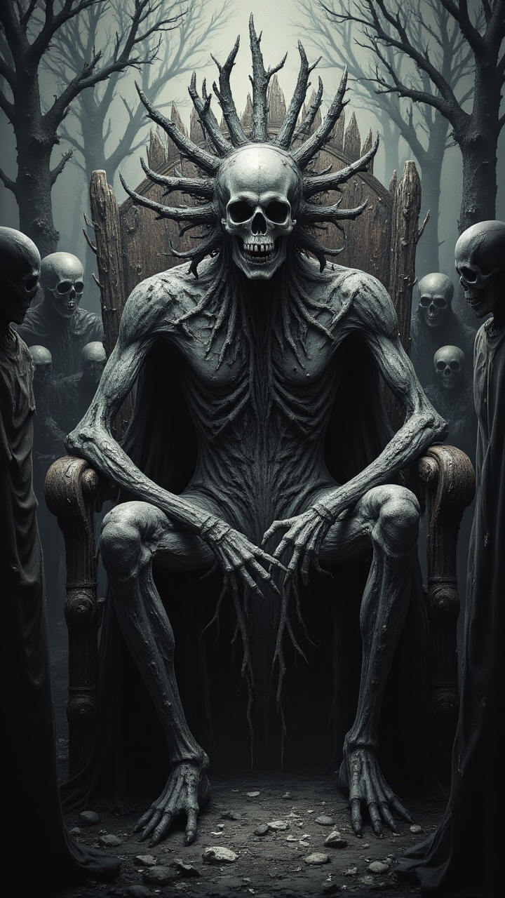 "A decayed zombie king sitting on a throne of bones,  surrounded by hordes of the undead marching to his command." ,  aidm...