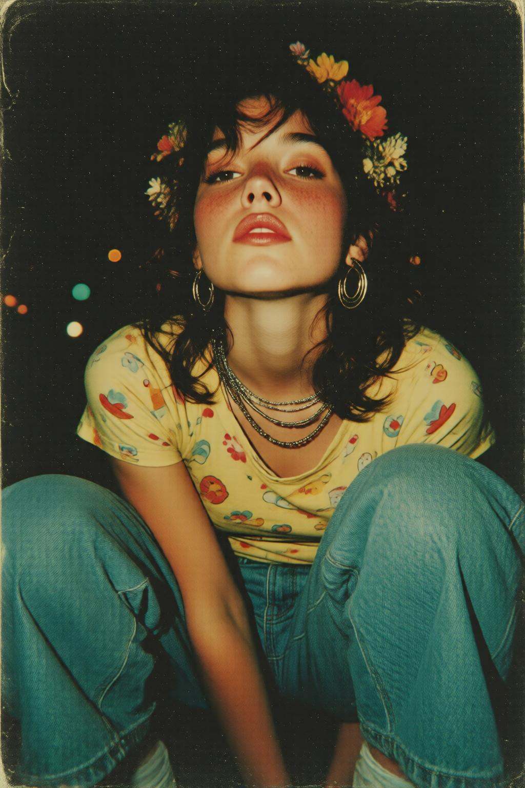 midjourneylowangle11q Low angle shot. Vintage analog photo. Close-up of a 1960s woman with a floral headpiece in a squat p...