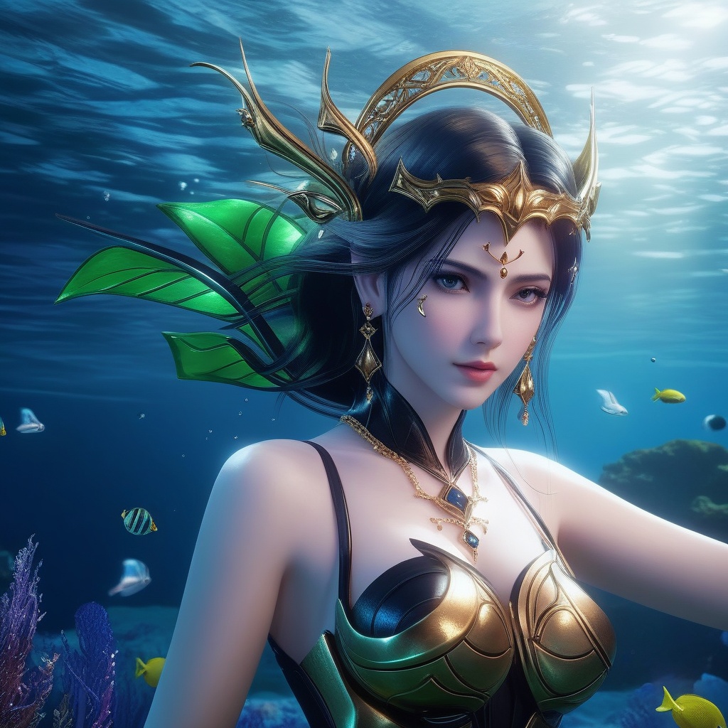 <lora:841-DA-XL-武庚纪-不闻不问:0.8>, (,1girl, ,best quality, ),,masterpiece, ((((, solo,  , ,solo focus, ,underwater, )))) ,ultra realistic 8k cg,   clean, masterpiece,     cinematic lighting, cinematic bloom,  (( , )),, , unreal, science fiction, luxury, jewelry, diamond, gold, pearl, gem, sapphire, ruby, emerald, intricate detail, delicate pattern, charming, alluring, seductive, erotic, enchanting, hair ornament, necklace, earrings, bracelet, armlet,,(cleavage),,