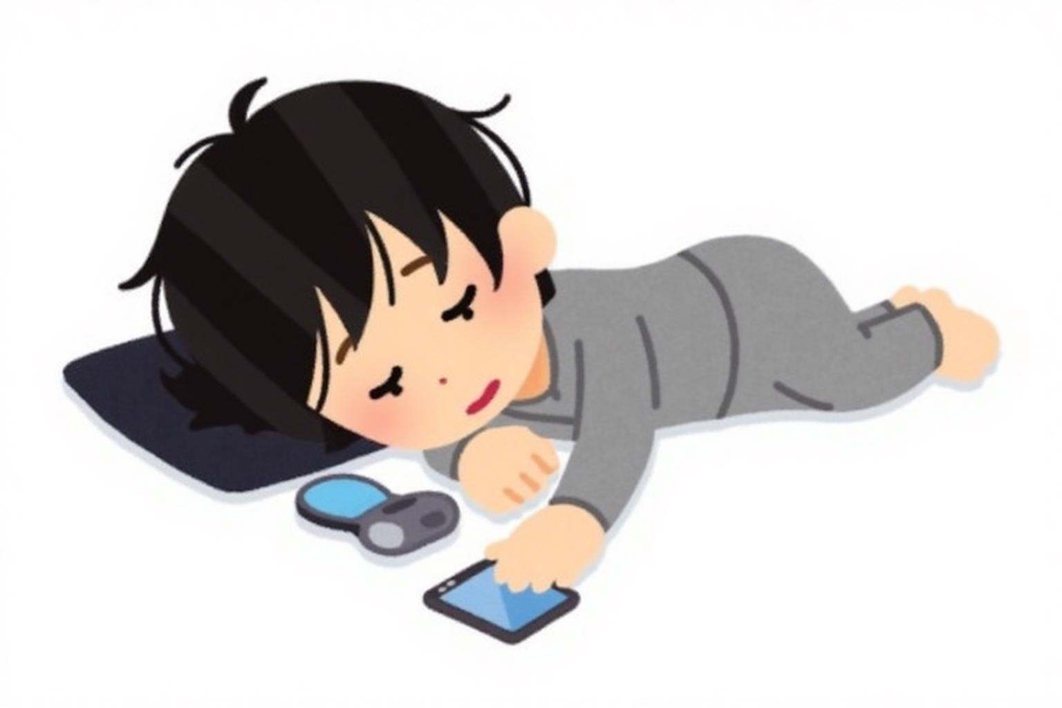 irasutoya1 illustration.A boy lying on his side,  sleeping. He has short,  dark hair and is wearing a gray outfit. His hea...