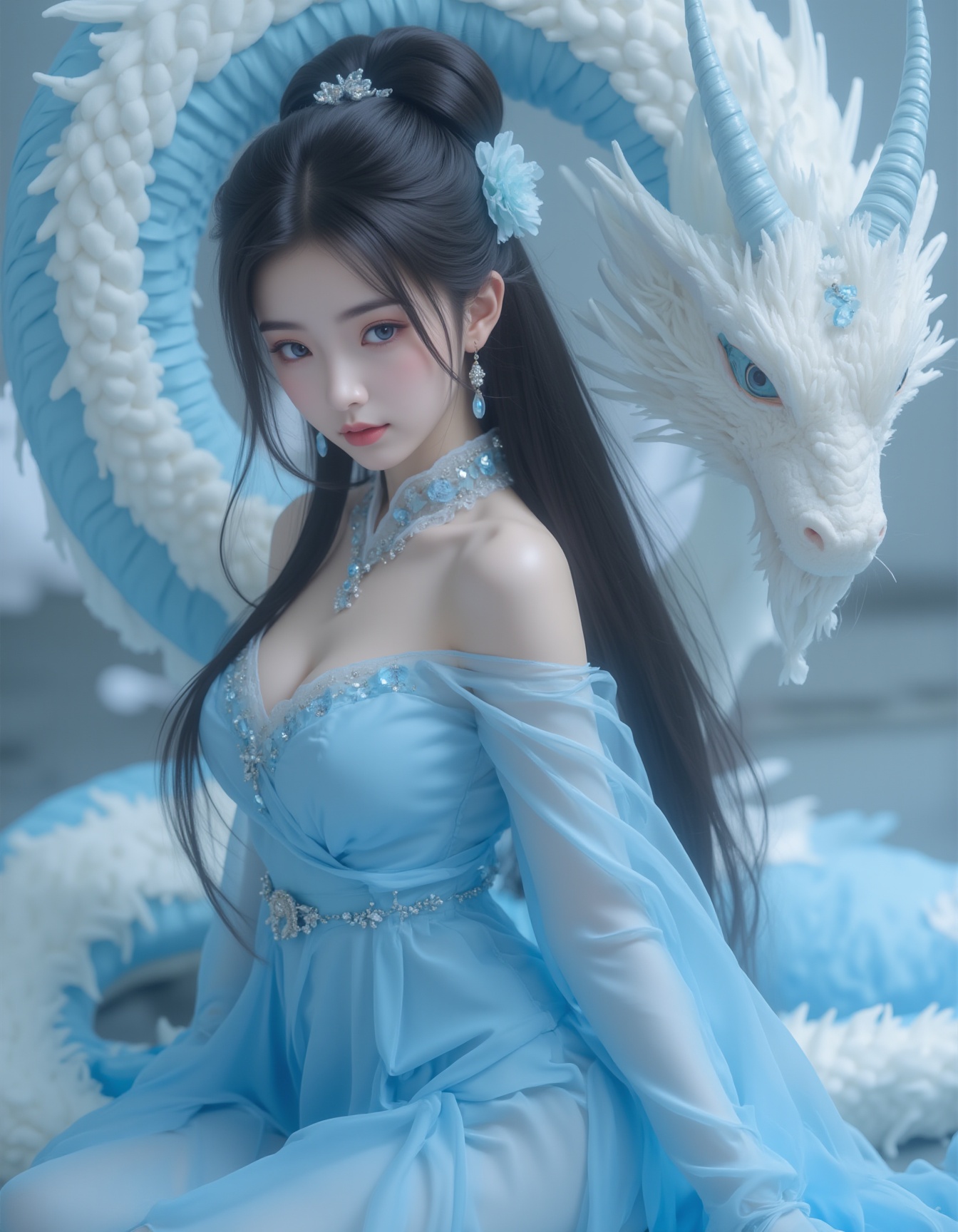 High quality,masterpiece,rich details,Blue oriental dragon,white dragon hair,real fur,xiaoyan,1girl,solo,long hair,breasts,looking at viewer,blue eyes,black hair,hair ornament,long sleeves,dress,cleavage,jewelry,medium breasts,tail,flower,earrings,horns,hair bun,blue dress,chinese clothes,single hair bun