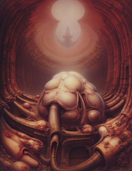 gigerart. A piece of artwork by HR Giger. The artwork depicts a large space,  the camera looking upwards to an opening in...
