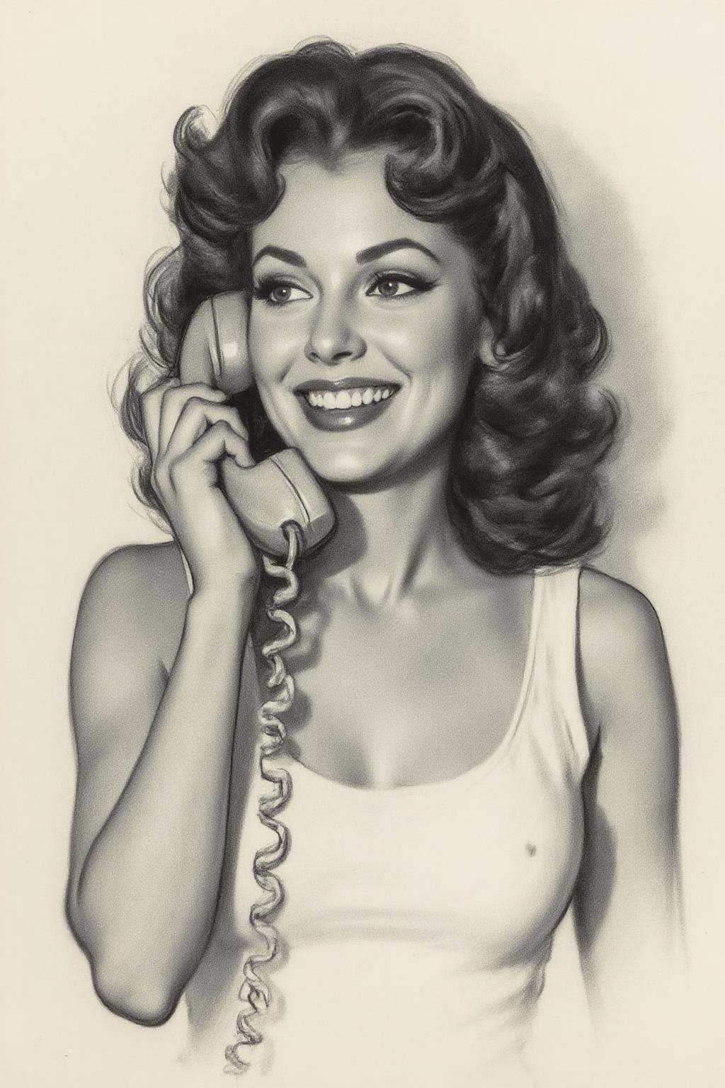 charcoal drawing.Closeup of a woman with voluminous curly hair,  wearing a white sleeveless top. She holds a telephone rec...
