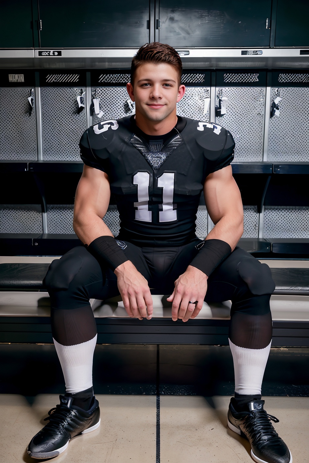 locker room,  sitting on a bench,  in front of lockers on Tensor.Art