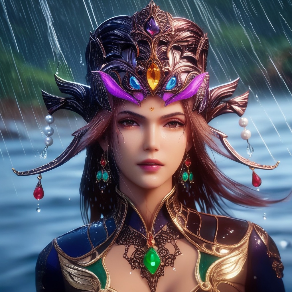 <lora:833-DA-XL-斗罗大陆-比比东-罗刹神:0.8>, (,1girl, ,best quality, ),, ,ultra detailed 8k cg,   ,masterpiece((((1girl, solo,  , ,solo focus, wet,sweat, ocean,rain, water drop, )))) (, , sweatdrop, flying sweatdrops, sweating profusely,colorful drop \(module\), )   clean, masterpiece,     cinematic lighting, cinematic bloom,   , unreal, science fiction, luxury, jewelry, diamond, gold, pearl, gem, sapphire, ruby, emerald, intricate detail, delicate pattern, charming, alluring, seductive, erotic, enchanting, hair ornament, necklace, earrings, bracelet, armlet,halo,butterfly,