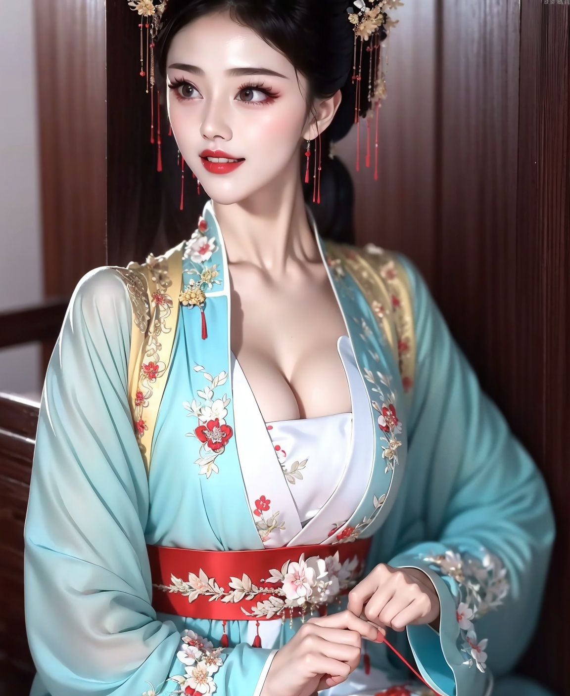 1 girl, Diamond earrings ,lipstick,,,,,black hair,,, ,embroider，solo，dress，chest，chest，red，Hanfu，Full breasts，，Hanfu belt ,solo，temperament ，all alone， Chinese clothing，<lora:汉服凤冠霞帔:1>