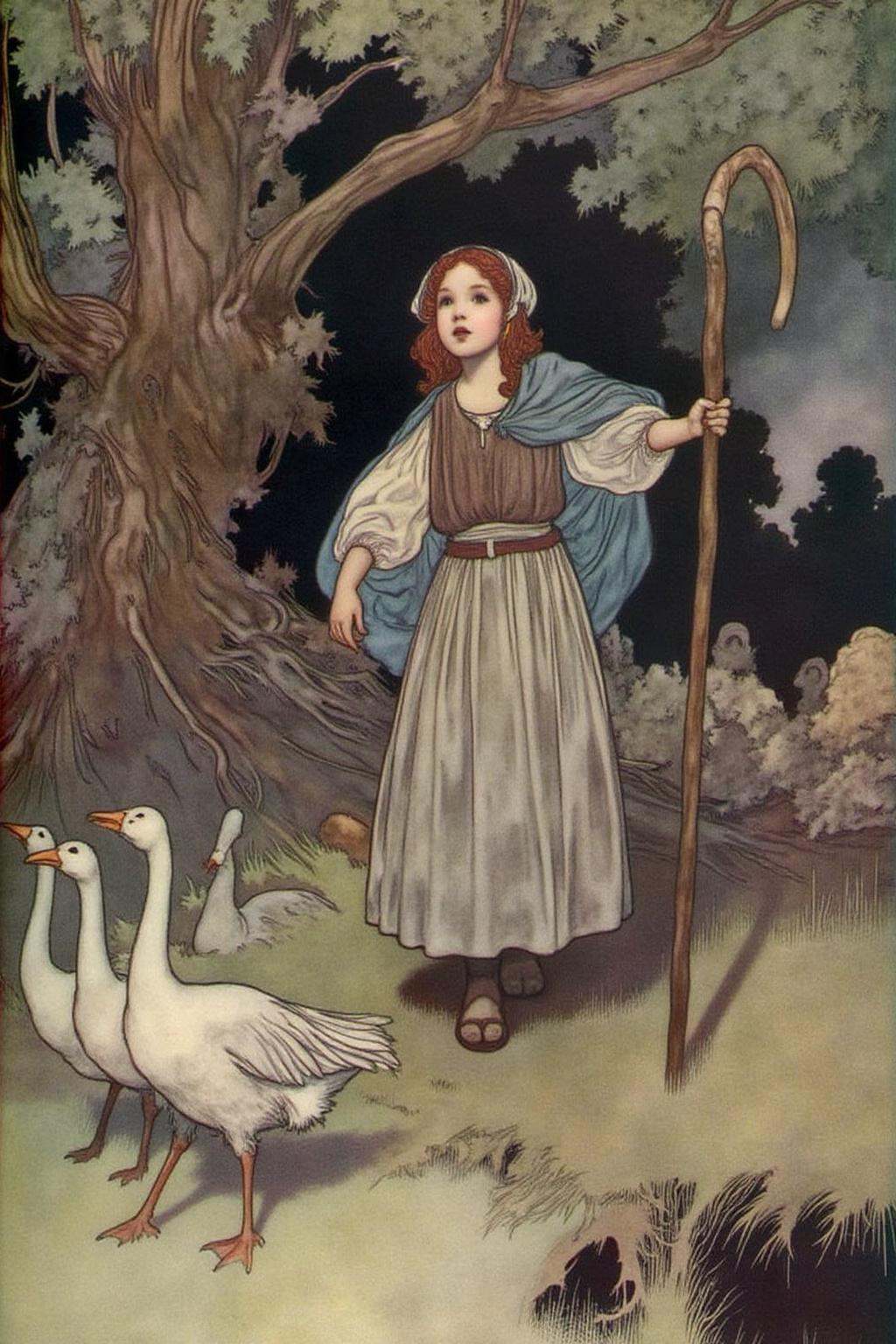 charob1 illustration.The scene depicts a young girl standing in a rustic,  medieval setting. The girl,  with long on Tenso...