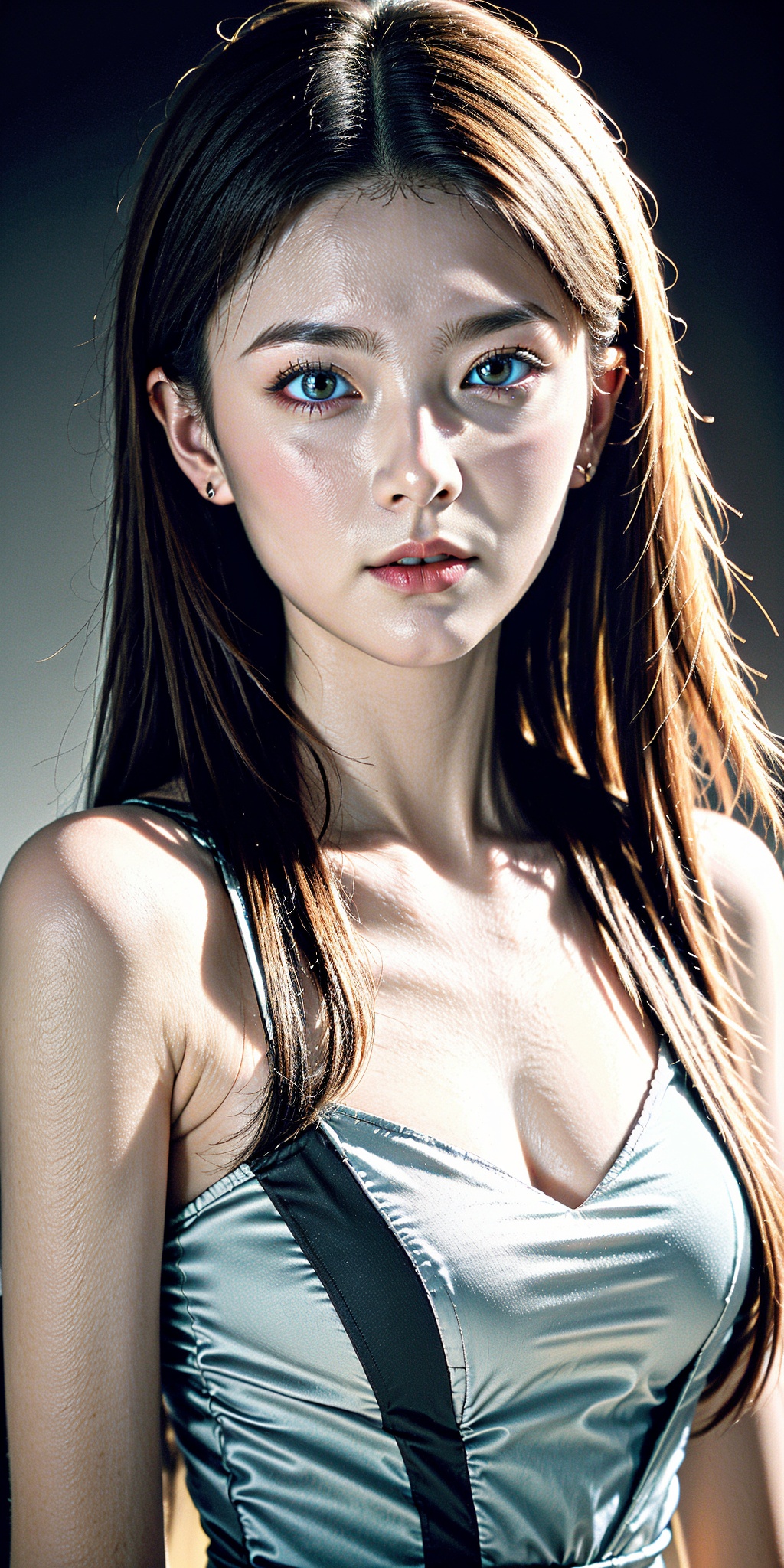 girl,brown eyes,black long hair,realistic skin,skin pores,beautiful,pretty,portrait,dramatic lighting,realistic,closed mouth,halter neck see-through dress,