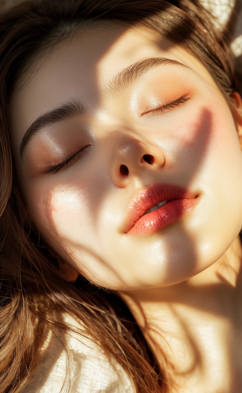 1girl, solo, realistic, closed eyes, brown hair, parted lips, lips, long hair, photorealistic, portrait, sleeping, nose, close-up