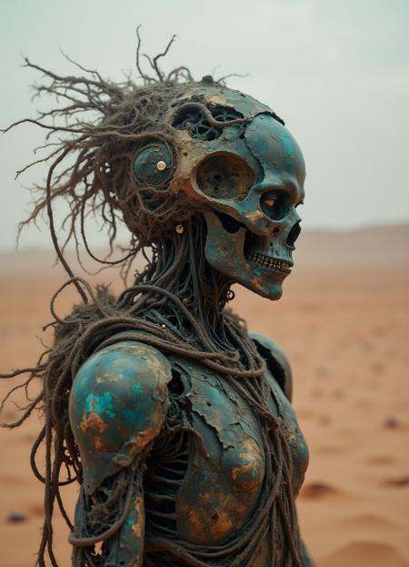 raw photography,  grim cyborg in mars desert scenery,  dreadlocks on Tensor.Art
