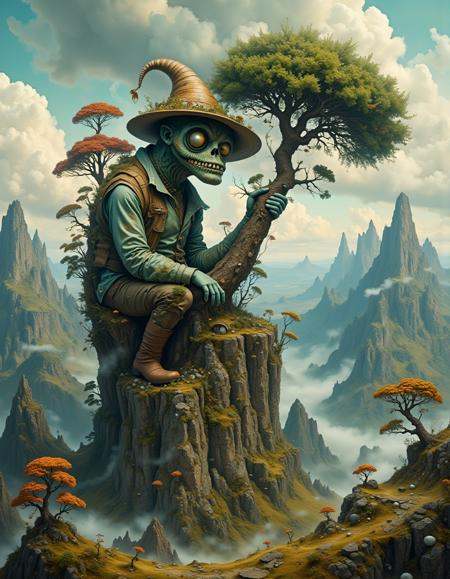 surreal landscape,  a giant monster dressed like a hobo farmer sitting on a a mountain and chewing on a tree,  inspired by...