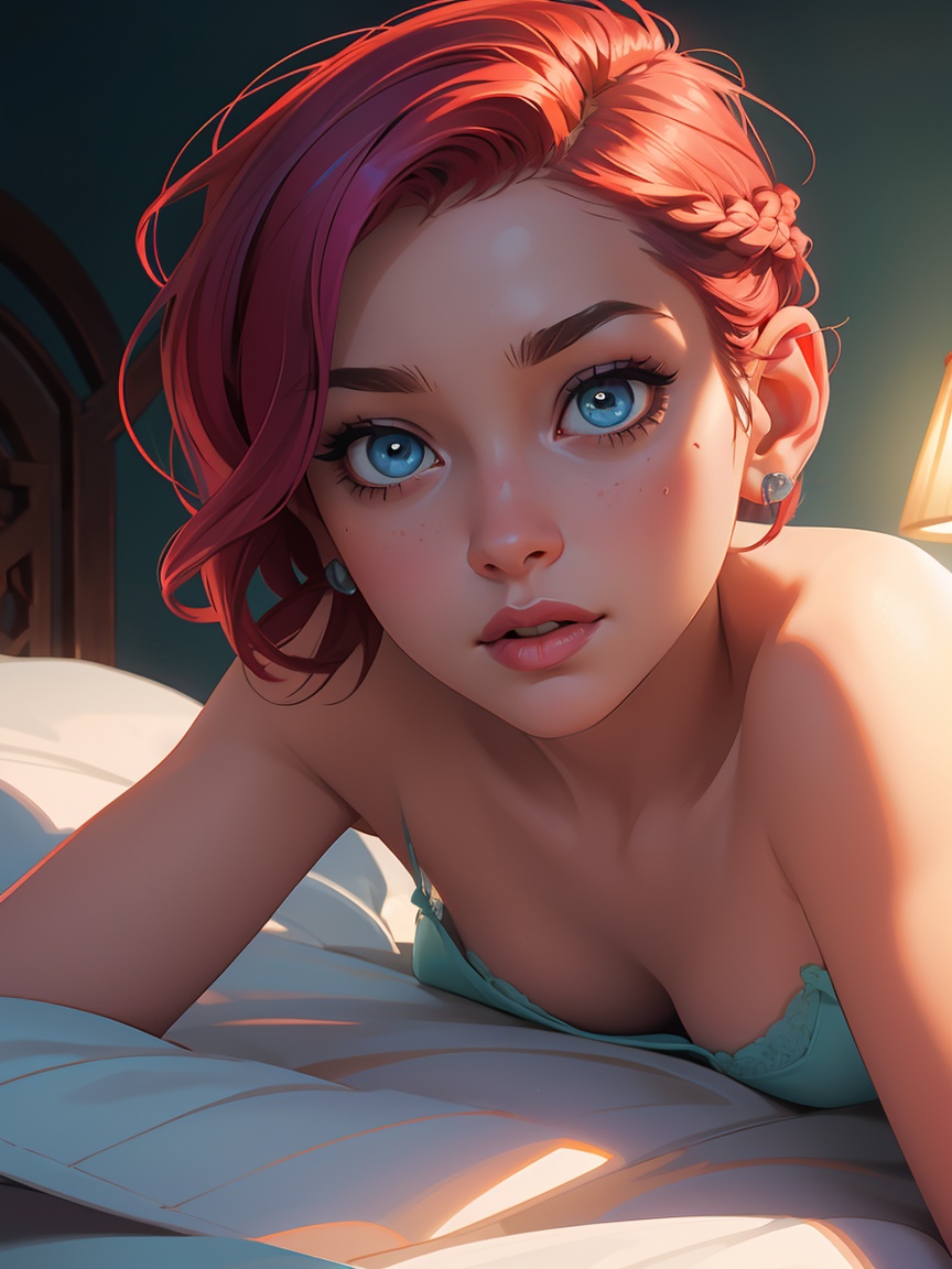 1Girl. Upper body photo. Laying on her back in bed. Highly detailed vivid vibrant beautiful expressive eyes. She is covere...