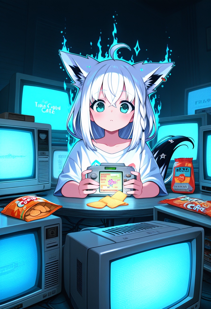1girl,  shirakami fubuki playing_retro_gameboy,  pixel_aura_glow on Tensor.Art