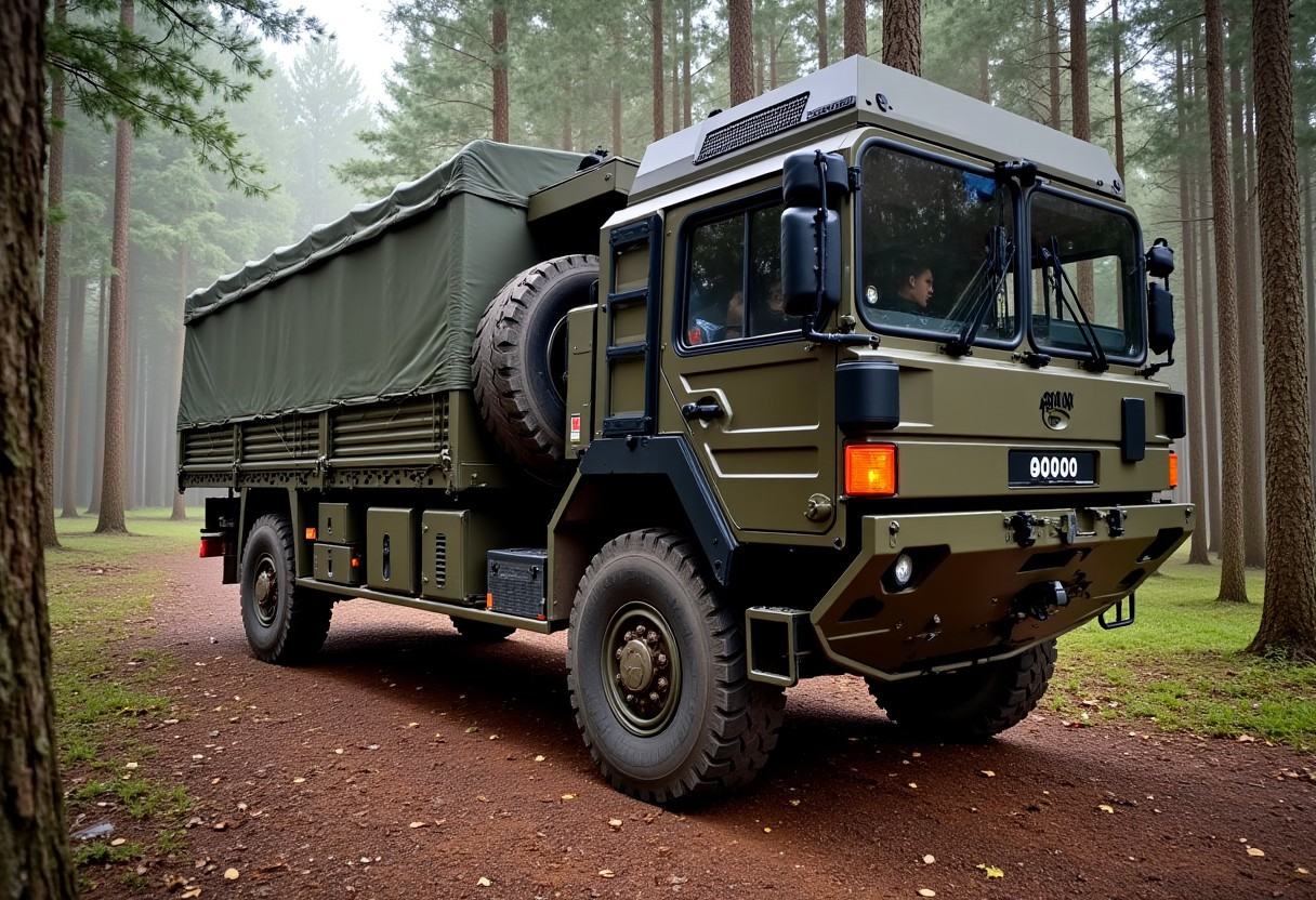 Army 'ManSV' 6t truck in a coniferous forest,  Man_SV_6t,  presumed matt olive_green on Tensor.Art