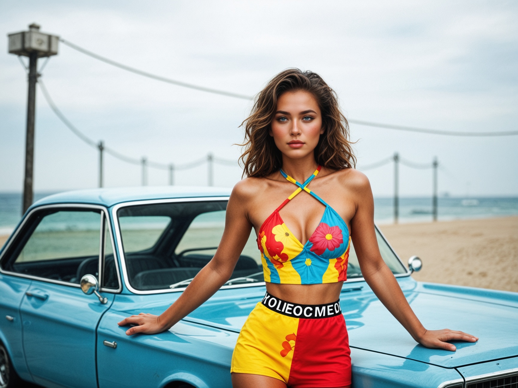 classic 70s pinup photo. The woman is posed in a playful and confident manner,  reminiscent of the era's iconic style. She...