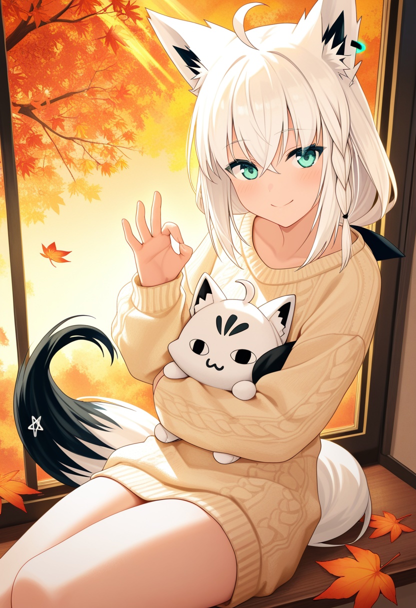 solo,  shirakami fubuki hugging_fox_plushie,  sweater_paw_gesture on Tensor.Art