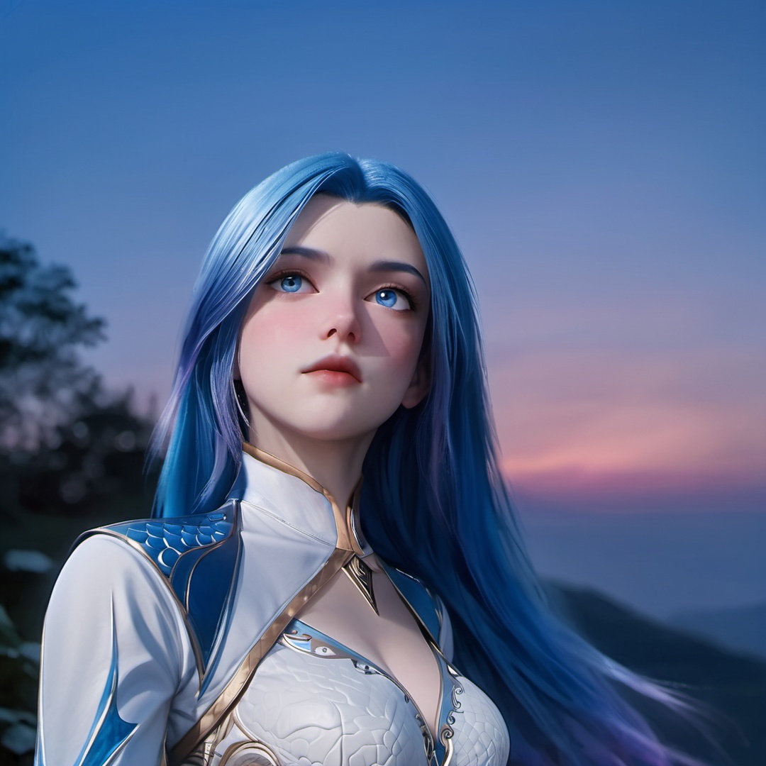 1girl,solo,long hair,blue hair,gradient hair,blue eyes,white dress,from below,evening blue sunset,dim light,blues moment,outdoors,very beautiful scenery,portrait,realistic,Highly detailed,(ultra-detailed),(best quality,masterpiece:1.5),<lora:斗罗大陆2绝世唐门-王秋儿XL:0.7>,