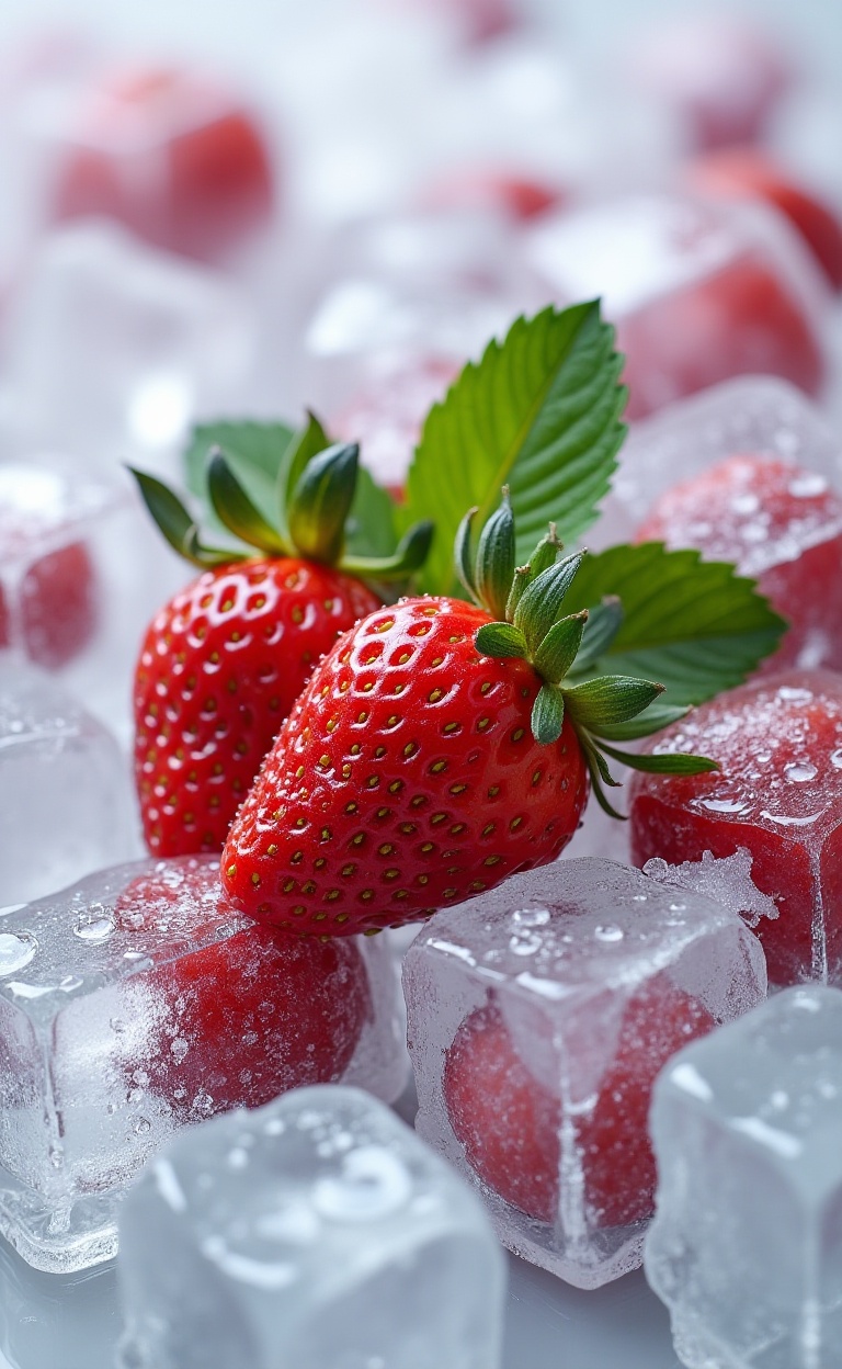 There are many ice cubes in the picture. TA picture composed of ice cubes. Fresh strawberries and green leaves are placed in the middle, with water droplets on the strawberries in close-up.Commercial advertising photography. Transparent.