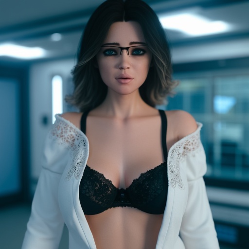 with a hint of seriousness or focus. She is dressed in a tight,  lace-trimmed white blouse that reveals a black lace bra u...