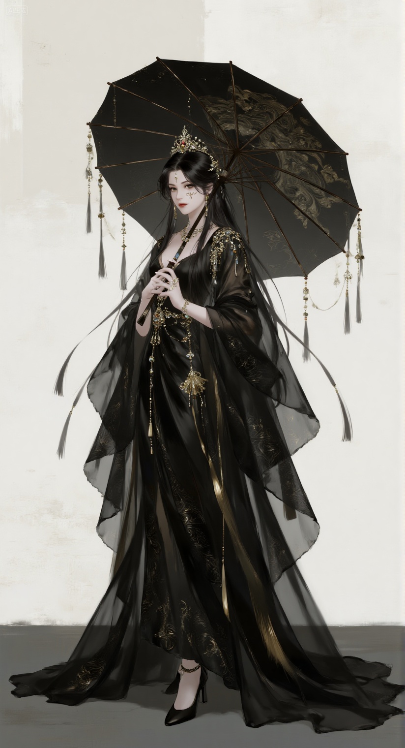a digital painting of a woman in a black dress,  adorned with a crown on her head,  stands in front of a white wall. The w...