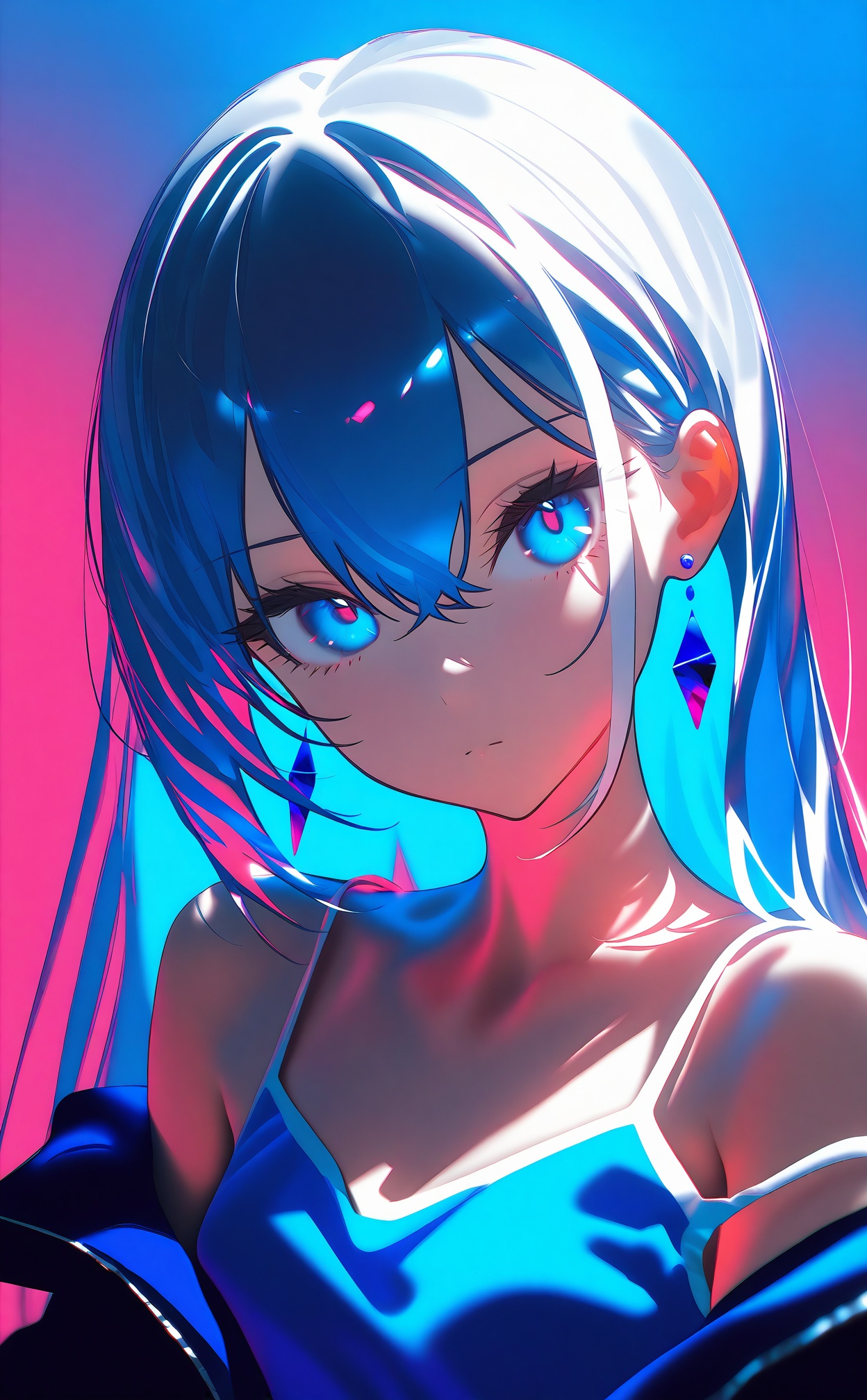 masterpiece,best quality,high quality,1girl,solo,long hair,looking at viewer,blue eyes,upper body,head tilt,blue theme,jacket,closed mouth,earrings,bare shoulders,white hair,off shoulder,strap slip,jewelry,collarbone,camisole,blue background,backlighting,blue hair,pink background,multicolored hair,gradient background,simple background,hair between eyes,expressionless,spaghetti strap,**** top,blue jacket,shirt,sidelocks,glowing,