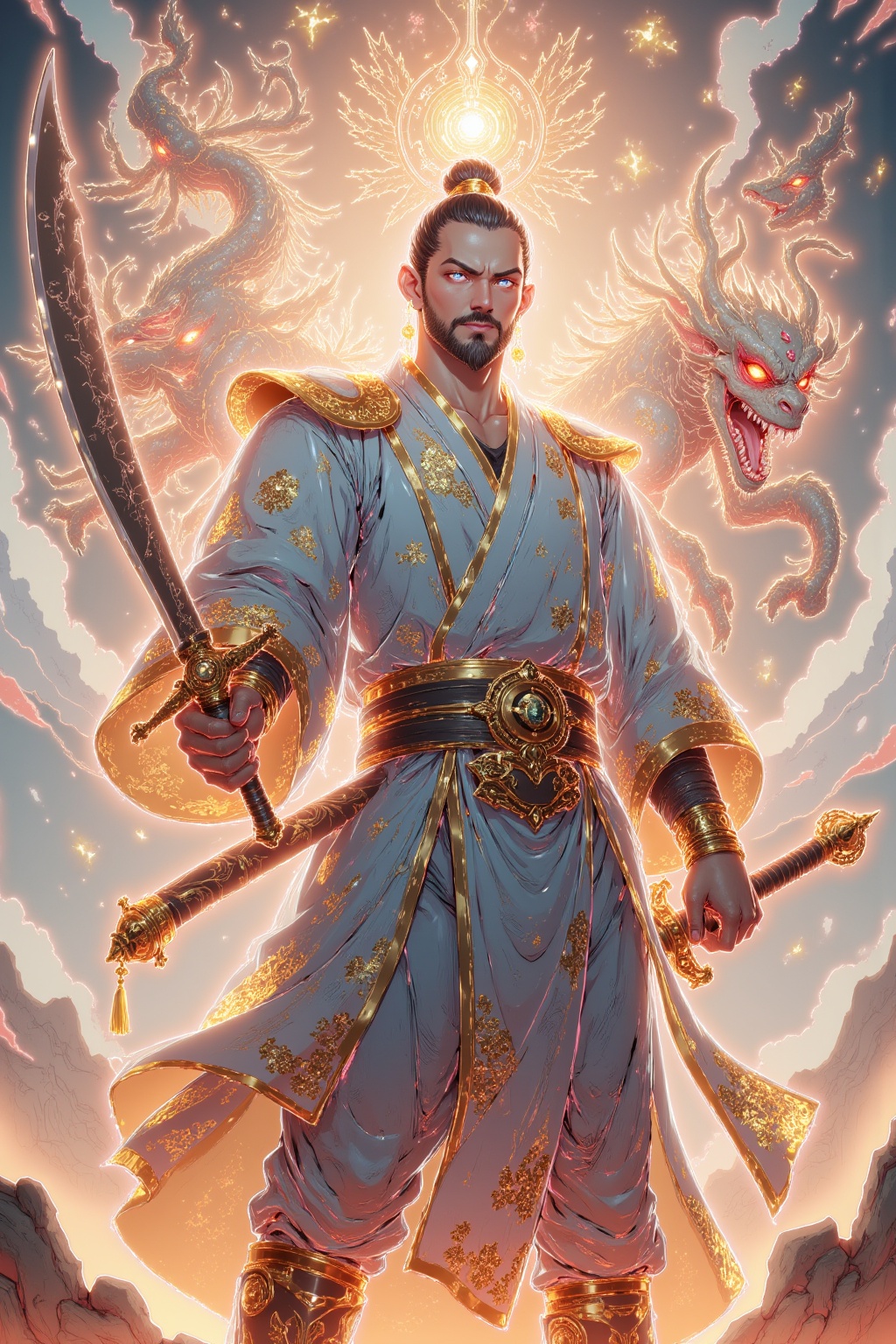 a drawing of a man with a sword and a demon,beautiful male god of death,mohrbacher,inspired by Shunkōsai Hokushū,in the art style of mohrbacher,asura from chinese myth,the god of chaos,inspired by Ryūkōsai Jokei,in style of peter mohrbacher,illustration,