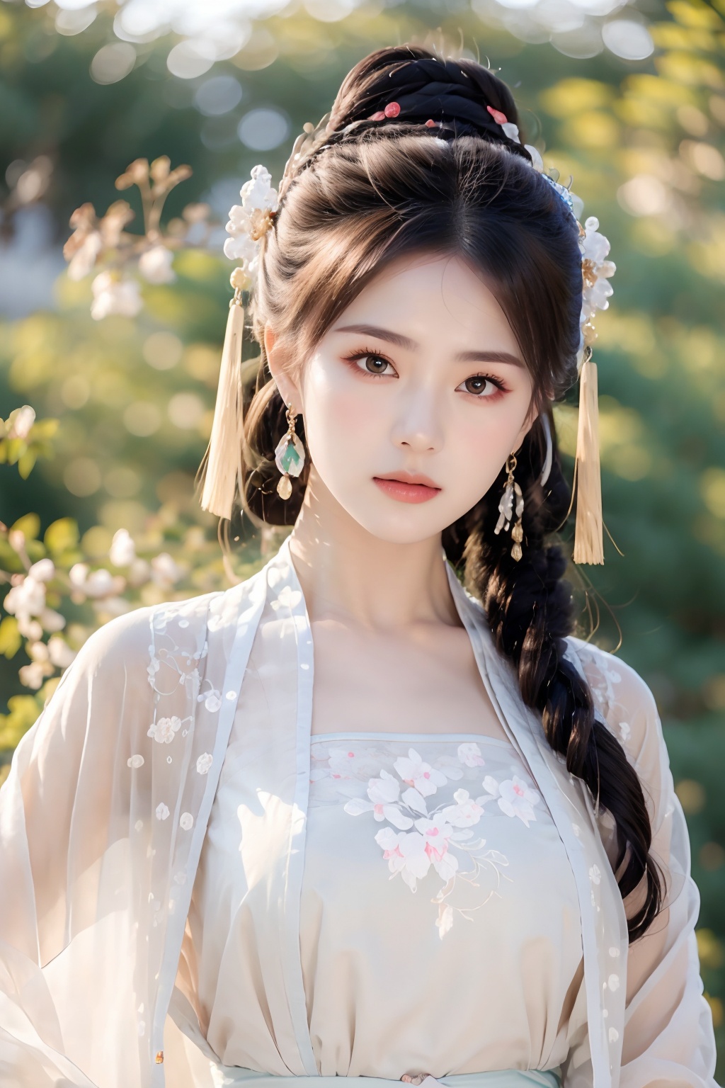 1girl,solo,jewelry,weapon,long hair,earrings,sword,upper body,chinese clothes,hair ornament,necklace,dress,embers,yellow dress,black hair,sash,hair bun,looking at viewer,closed mouth,sheath,single hair bun,brown hair,long sleeves,